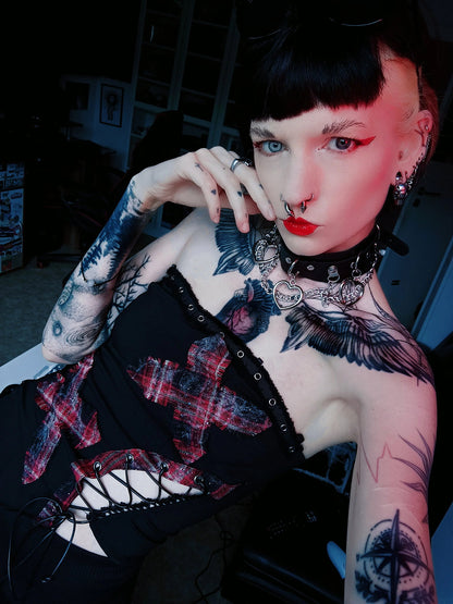Dark in Love Women's Punk Vest Top Black and Tartan Cross Strap Nevida - QHA UK