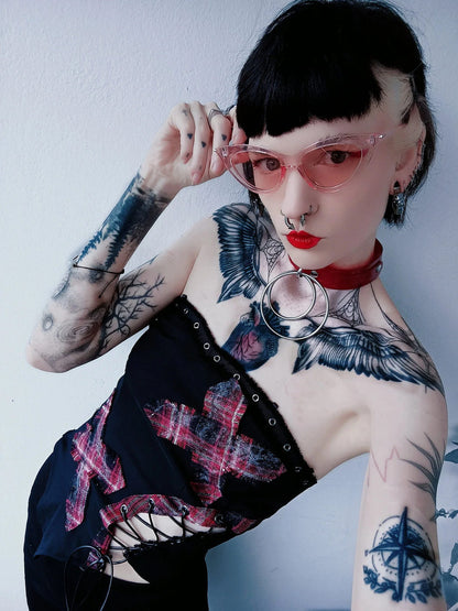 Dark in Love Women's Punk Vest Top Black and Tartan Cross Strap Nevida - QHA UK
