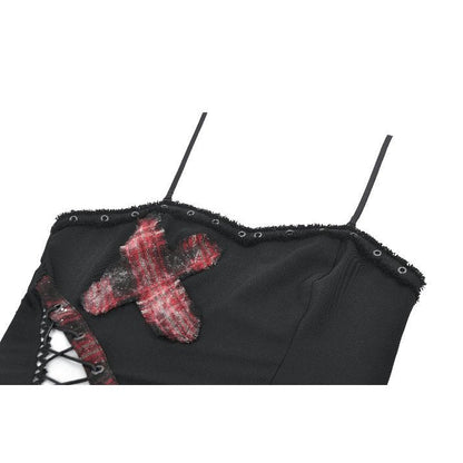 Dark in Love Women's Punk Vest Top Black and Tartan Cross Strap Nevida - QHA UK