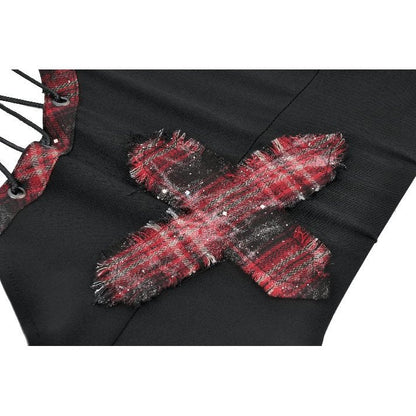 Dark in Love Women's Punk Vest Top Black and Tartan Cross Strap Nevida - QHA UK