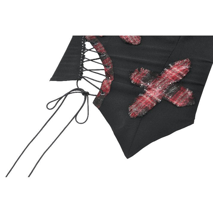 Dark in Love Women's Punk Vest Top Black and Tartan Cross Strap Nevida - QHA UK