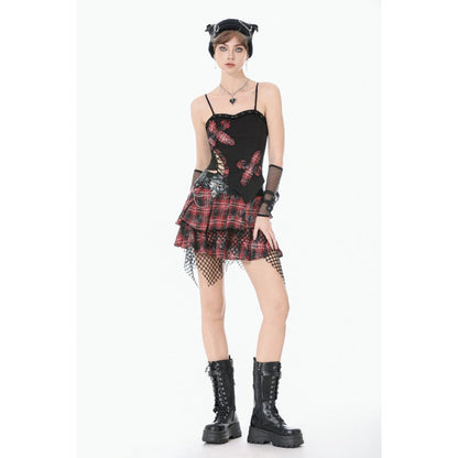 Dark in Love Women's Punk Vest Top Black and Tartan Cross Strap Nevida - QHA UK