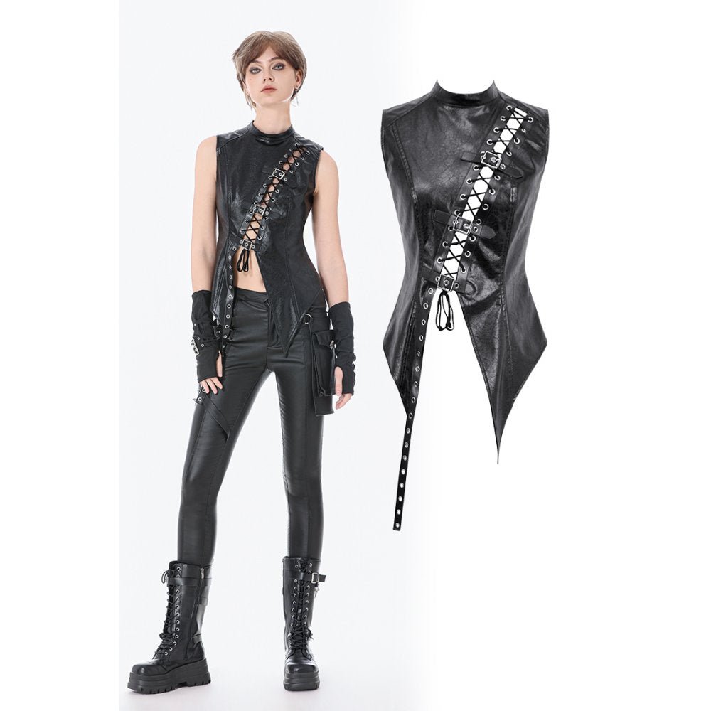 Dark in Love Women's Punk Shirt Distressed Leather Lace-Up Top UK 8-18 - QHA UK