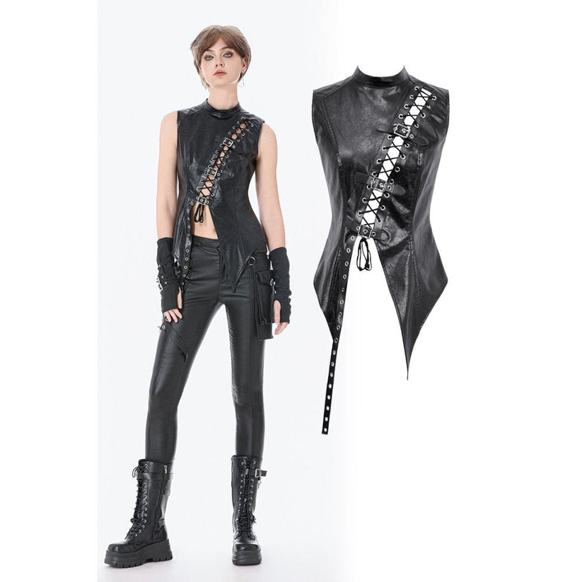 Dark in Love Women's Punk Shirt Distressed Leather Lace-Up Top UK 8-18 - QHA UK