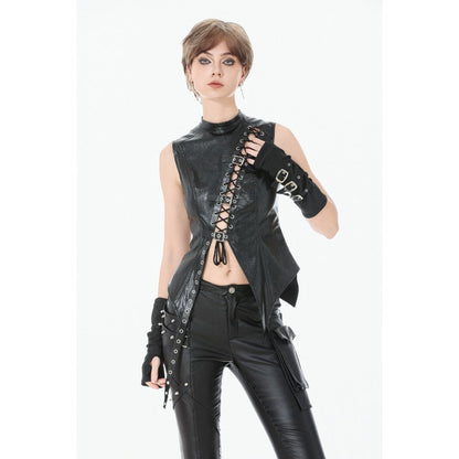 Dark in Love Women's Punk Shirt Distressed Leather Lace-Up Top UK 8-18 - QHA UK