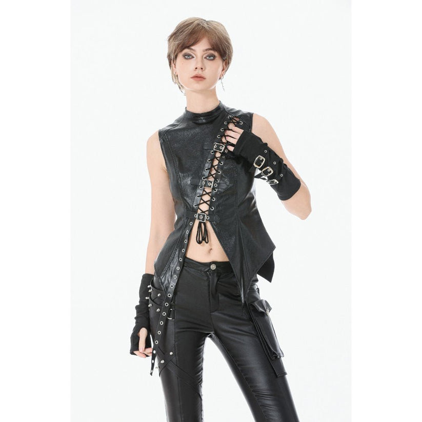Dark in Love Women's Punk Shirt Distressed Leather Lace-Up Top UK 8-18 - QHA UK