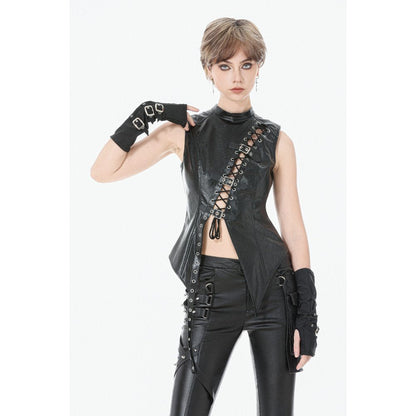 Dark in Love Women's Punk Shirt Distressed Leather Lace-Up Top UK 8-18 - QHA UK
