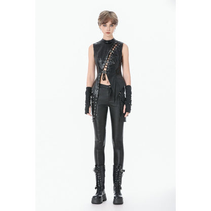 Dark in Love Women's Punk Shirt Distressed Leather Lace-Up Top UK 8-18 - QHA UK