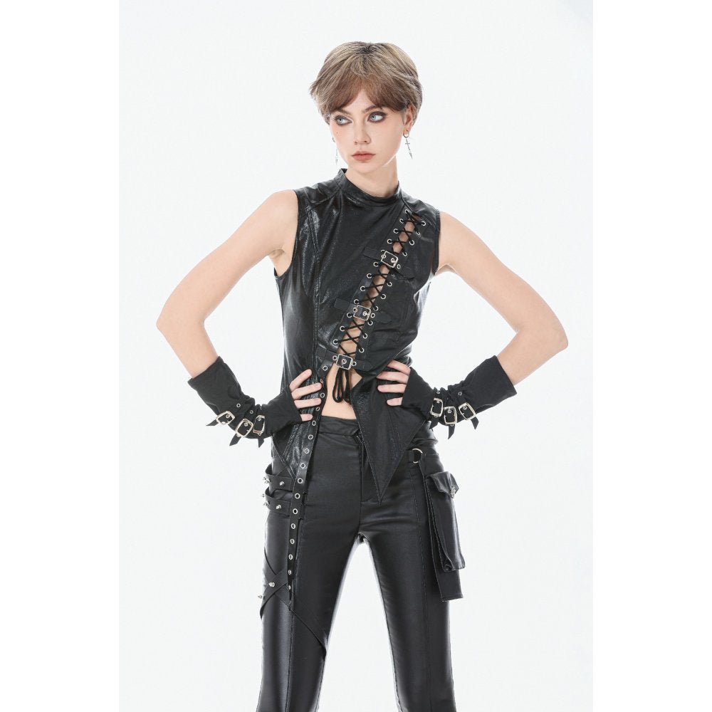 Dark in Love Women's Punk Shirt Distressed Leather Lace-Up Top UK 8-18 - QHA UK