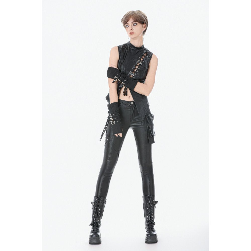 Dark in Love Women's Punk Shirt Distressed Leather Lace-Up Top UK 8-18 - QHA UK