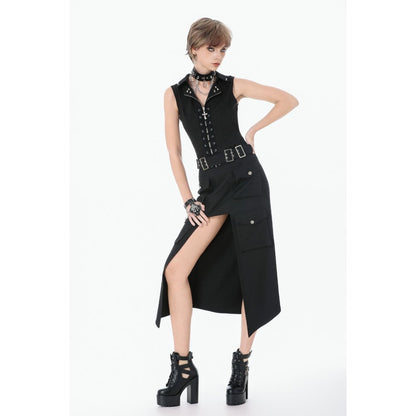 Dark in Love Punk Skirt Layered Pocket Cutout Belted Long UK 8-18 - Pocket Detail - QHA UK