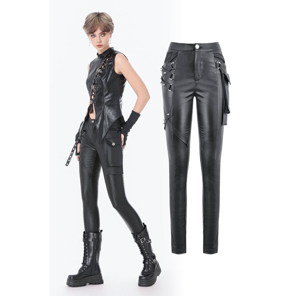 Dark in Love Women's Punk Trousers Leather-Look Strap Detail UK 8-18 - QHA UK