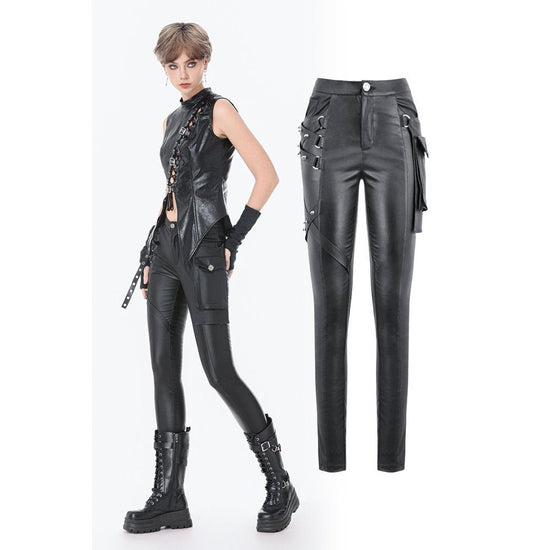Dark in Love Women's Punk Trousers Leather-Look Strap Detail UK 8-18 - QHA UK