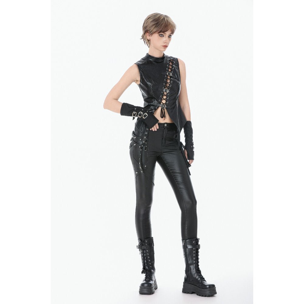 Dark in Love Women's Punk Trousers Leather-Look Strap Detail UK 8-18 - QHA UK