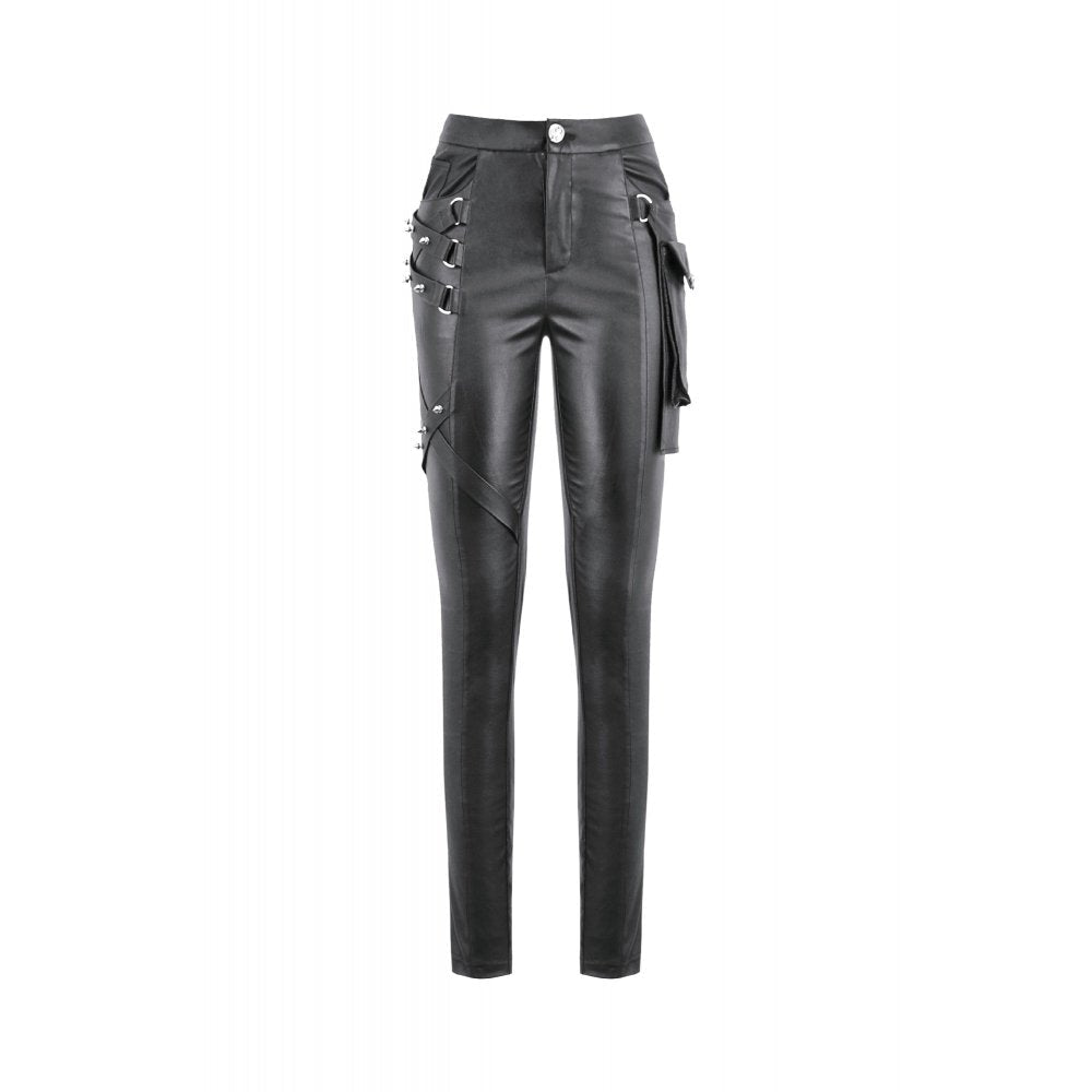 Dark in Love Women's Punk Trousers Leather-Look Strap Detail UK 8-18 - QHA UK