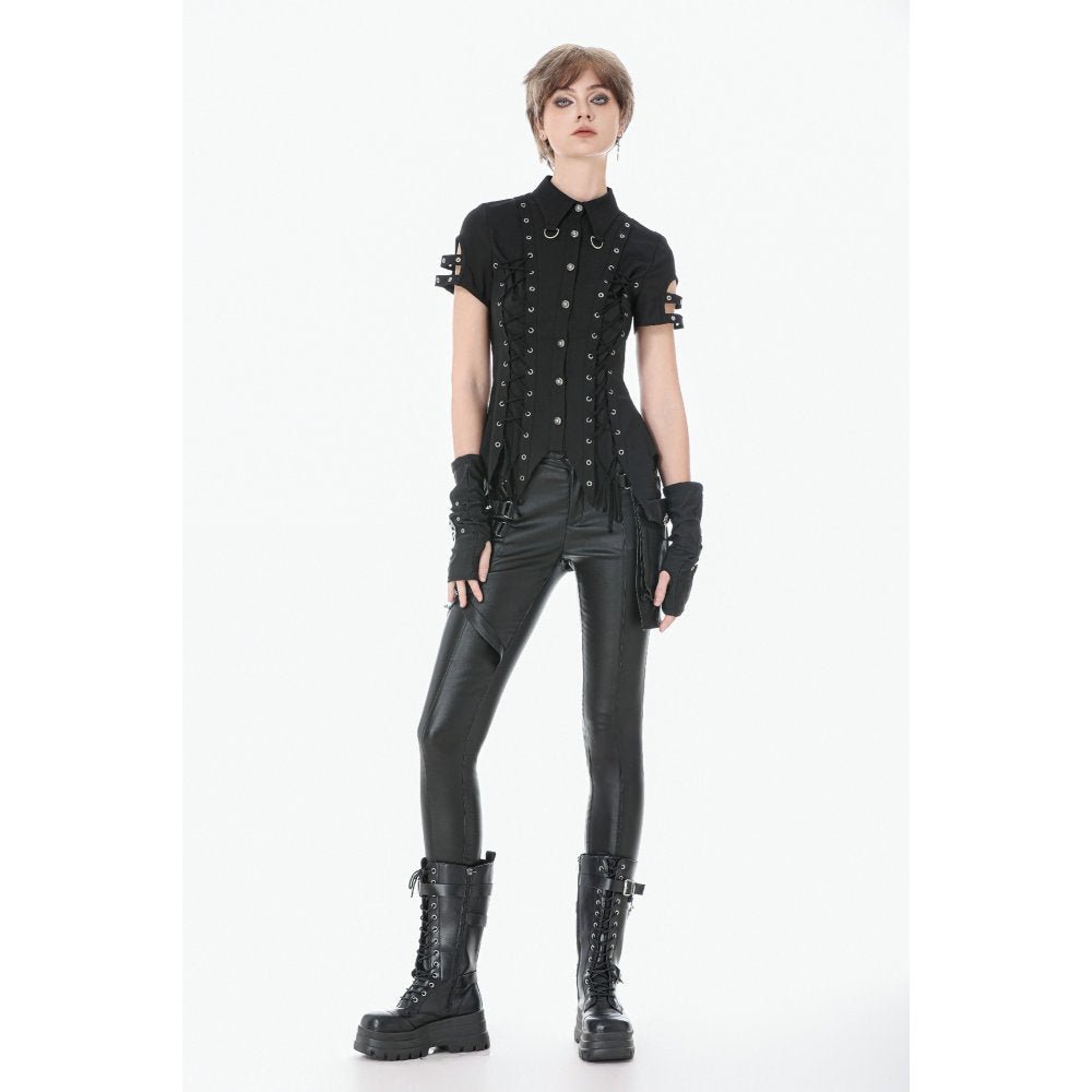 Dark in Love Women's Punk Trousers Leather-Look Strap Detail UK 8-18 - QHA UK