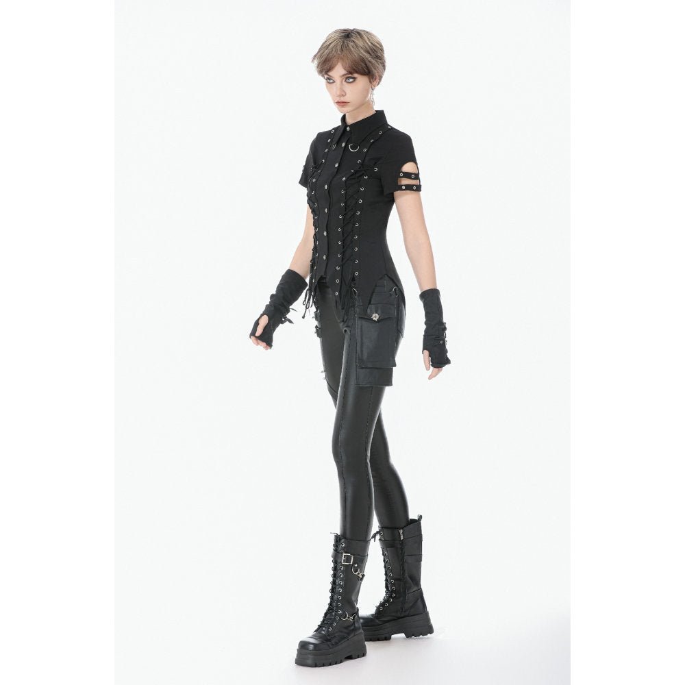 Dark in Love Women's Punk Trousers Leather-Look Strap Detail UK 8-18 - QHA UK