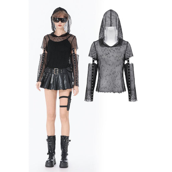 Dark in Love Women's Punk T-Shirt Mesh Hollow-Out Hooded Mesh Top - QHA UK