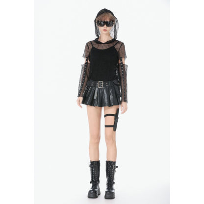 Dark in Love Women's Punk T-Shirt Mesh Hollow-Out Hooded Mesh Top - QHA UK