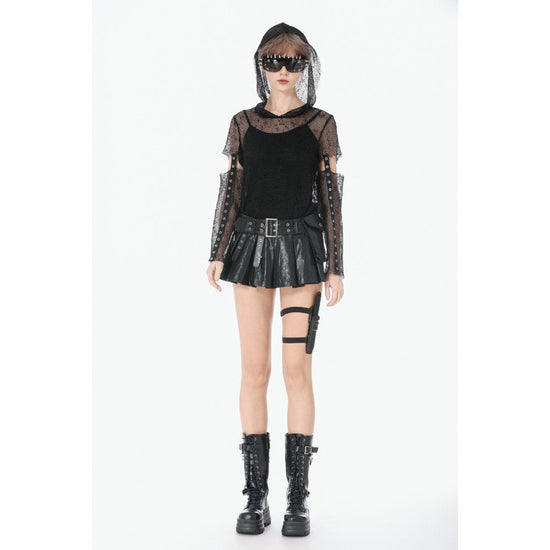 Dark in Love Women's Punk T-Shirt Mesh Hollow-Out Hooded Mesh Top - QHA UK