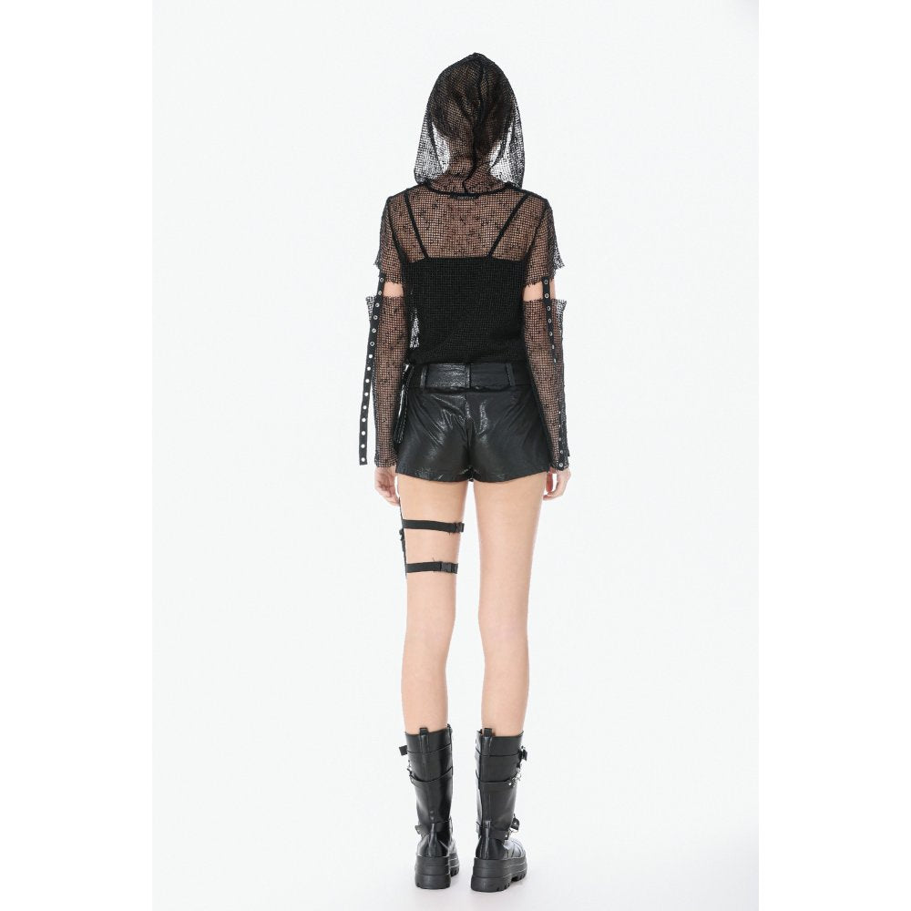 Dark in Love Women's Punk T-Shirt Mesh Hollow-Out Hooded Mesh Top - QHA UK