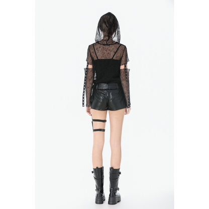 Dark in Love Women's Punk T-Shirt Mesh Hollow-Out Hooded Mesh Top - QHA UK