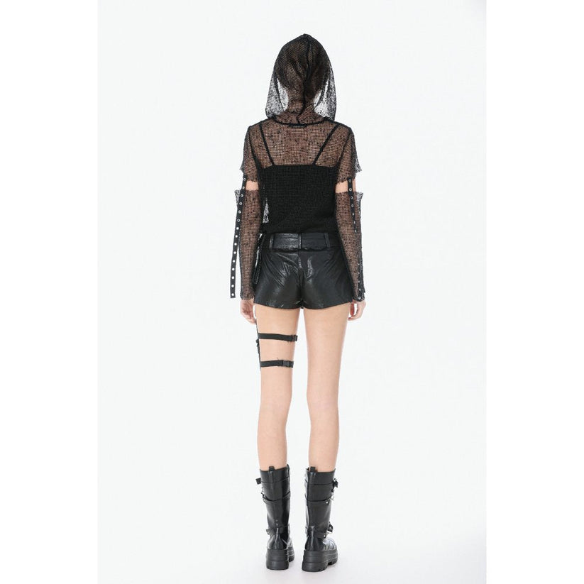 Dark in Love Women's Punk T-Shirt Mesh Hollow-Out Hooded Mesh Top - QHA UK