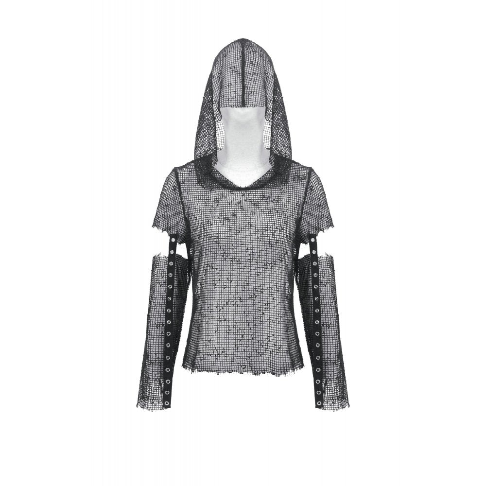 Dark in Love Women's Punk T-Shirt Mesh Hollow-Out Hooded Mesh Top - QHA UK