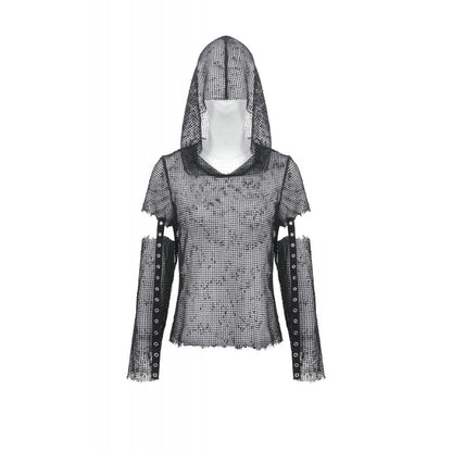 Dark in Love Women's Punk T-Shirt Mesh Hollow-Out Hooded Mesh Top - QHA UK