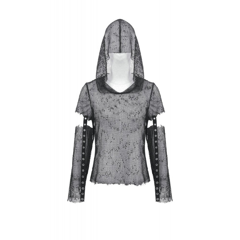 Dark in Love Women's Punk T-Shirt Mesh Hollow-Out Hooded Mesh Top - QHA UK