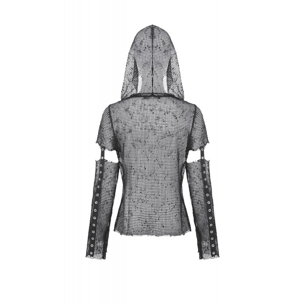 Dark in Love Women's Punk T-Shirt Mesh Hollow-Out Hooded Mesh Top - QHA UK