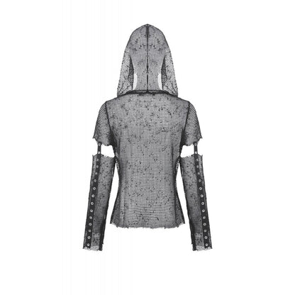 Dark in Love Women's Punk T-Shirt Mesh Hollow-Out Hooded Mesh Top - QHA UK