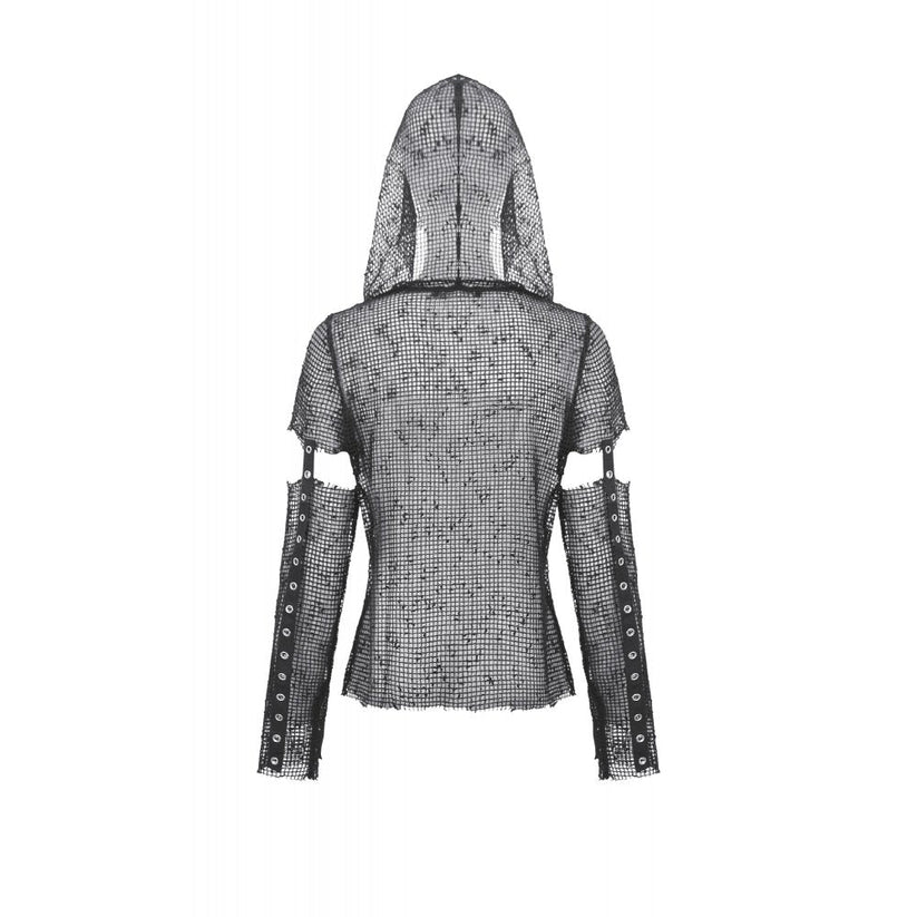 Dark in Love Women's Punk T-Shirt Mesh Hollow-Out Hooded Mesh Top - QHA UK