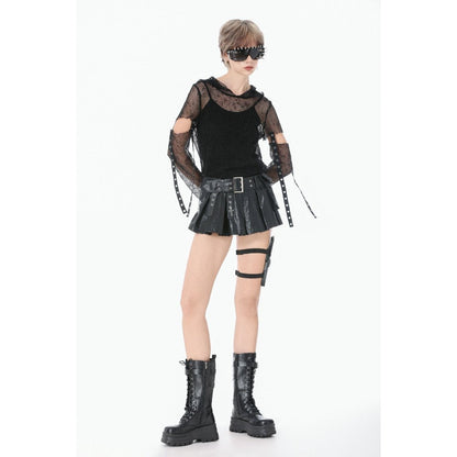 Dark in Love Women's Punk T-Shirt Mesh Hollow-Out Hooded Mesh Top - QHA UK