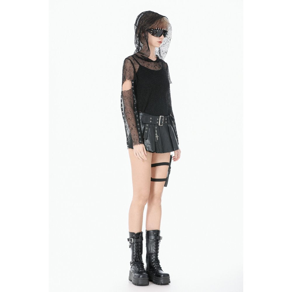 Dark in Love Women's Punk T-Shirt Mesh Hollow-Out Hooded Mesh Top - QHA UK