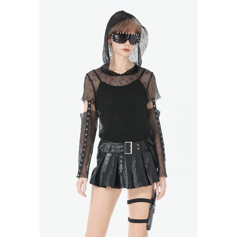Dark in Love Women's Punk T-Shirt Mesh Hollow-Out Hooded Mesh Top - QHA UK