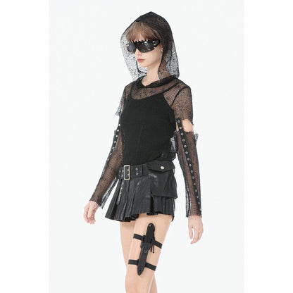 Dark in Love Women's Punk T-Shirt Mesh Hollow-Out Hooded Mesh Top - QHA UK