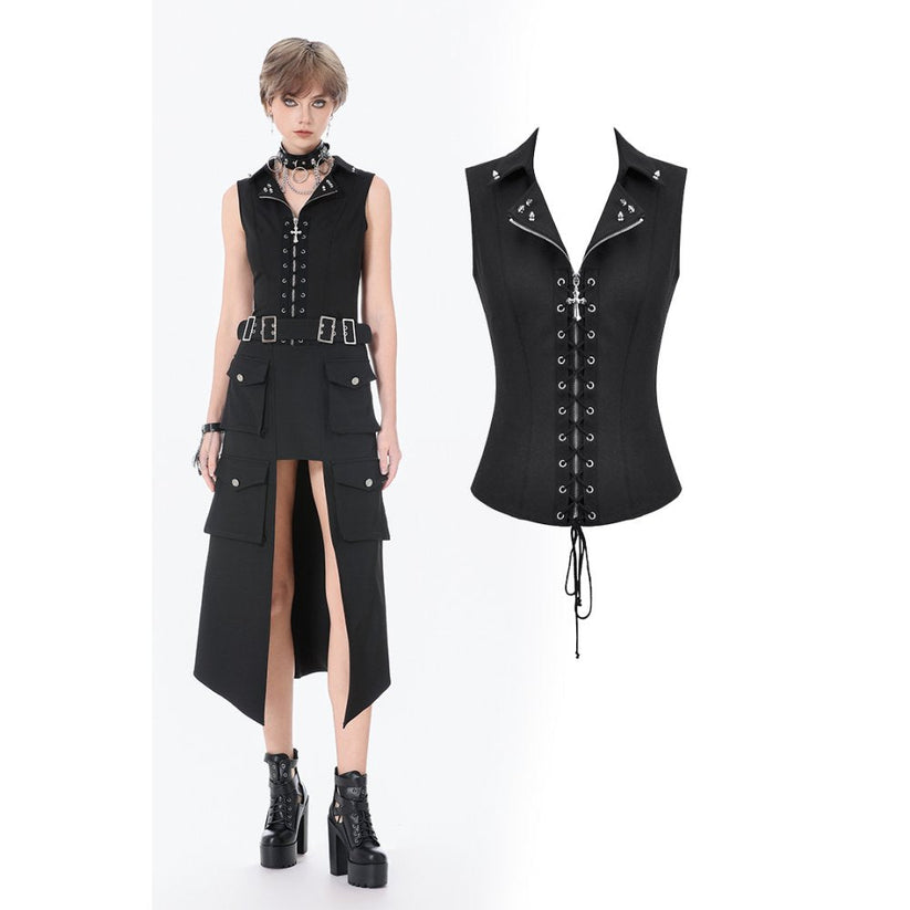 Dark in Love Women's Alternative Vest Top Studded Lace-Up Black - QHA UK