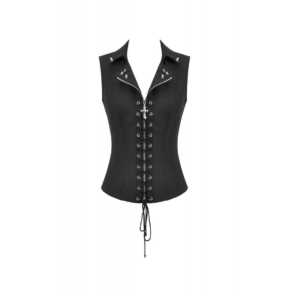 Dark in Love Women's Alternative Vest Top Studded Lace-Up Black - QHA UK