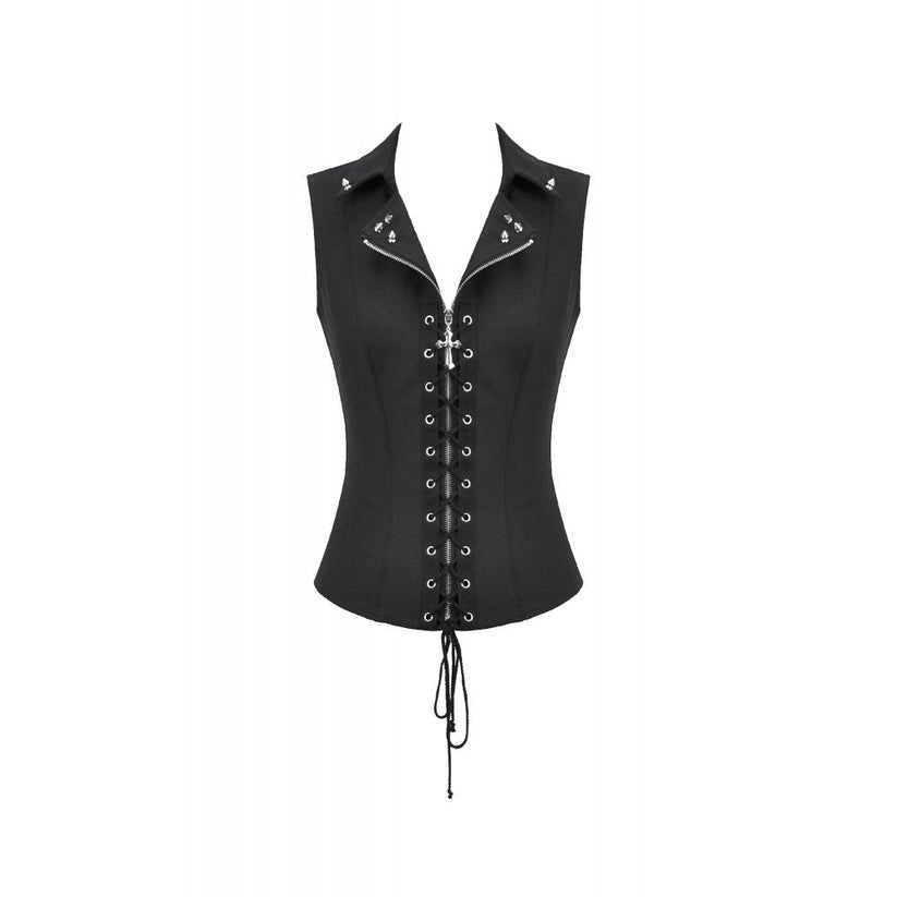 Dark in Love Women's Alternative Vest Top Studded Lace-Up Black - QHA UK