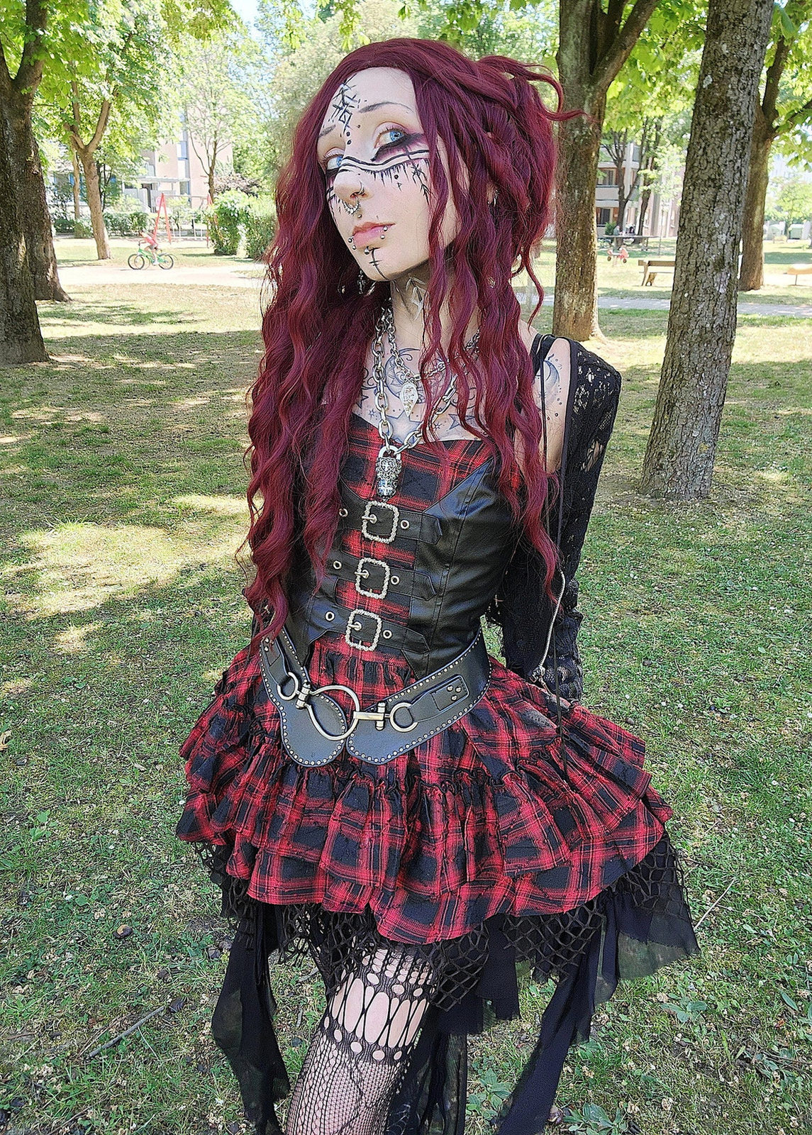 Dark in Love Punk Dress Red-Black Plaid Leather Layered Sweetcore - QHA UK