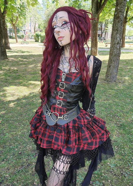 Dark in Love Punk Dress Red-Black Plaid Leather Layered Sweetcore - QHA UK