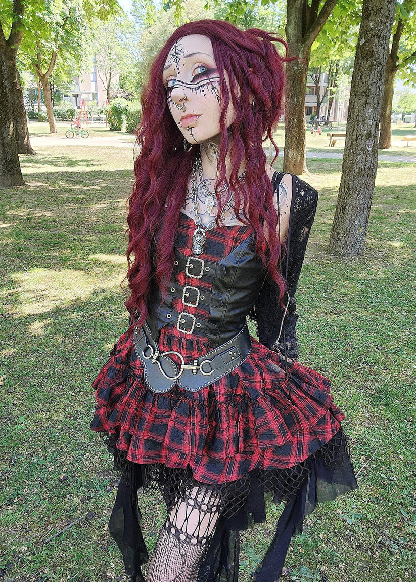 Dark in Love Punk Dress Red-Black Plaid Leather Layered Sweetcore - QHA UK
