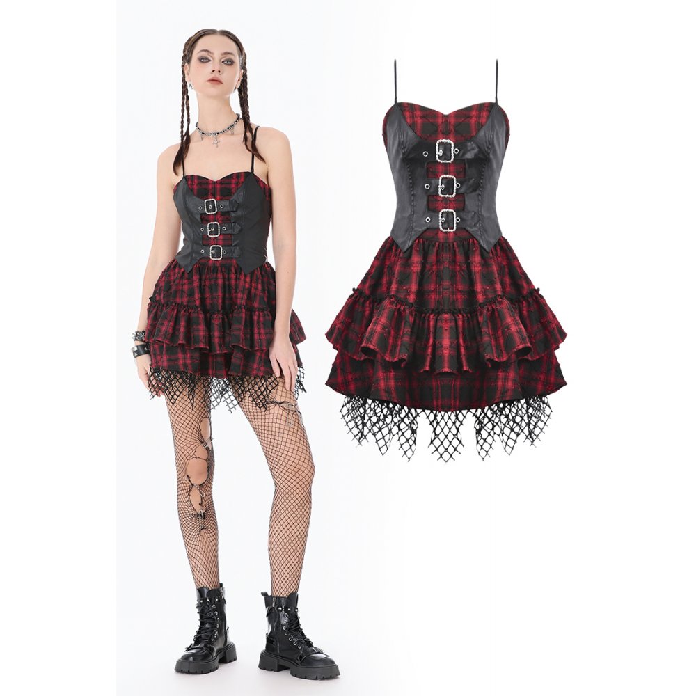 Dark in Love Punk Dress Red-Black Plaid Leather Layered Sweetcore - QHA UK
