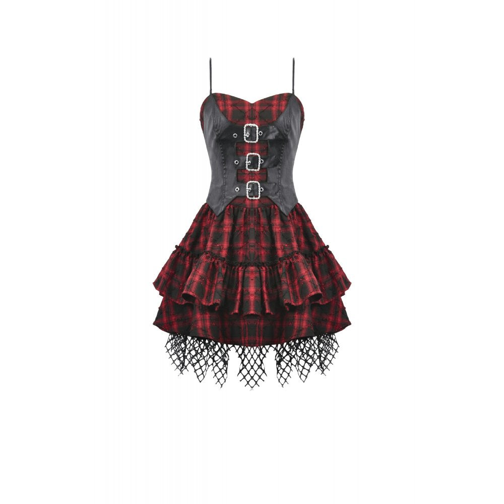 Dark in Love Punk Dress Red-Black Plaid Leather Layered Sweetcore - QHA UK