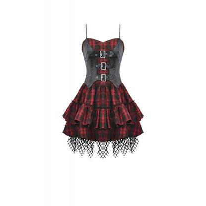 Dark in Love Punk Dress Red-Black Plaid Leather Layered Sweetcore - QHA UK