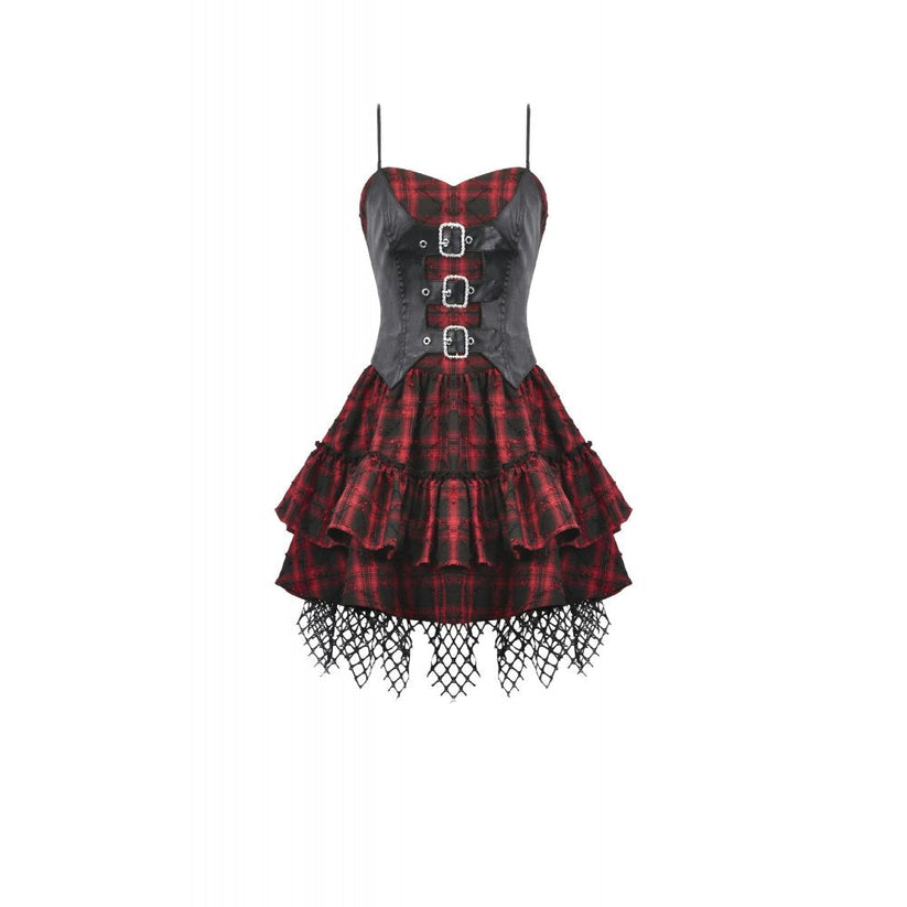 Dark in Love Punk Dress Red-Black Plaid Leather Layered Sweetcore - QHA UK