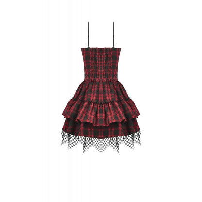 Dark in Love Punk Dress Red-Black Plaid Leather Layered Sweetcore - QHA UK
