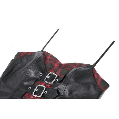 Dark in Love Punk Dress Red-Black Plaid Leather Layered Sweetcore - QHA UK