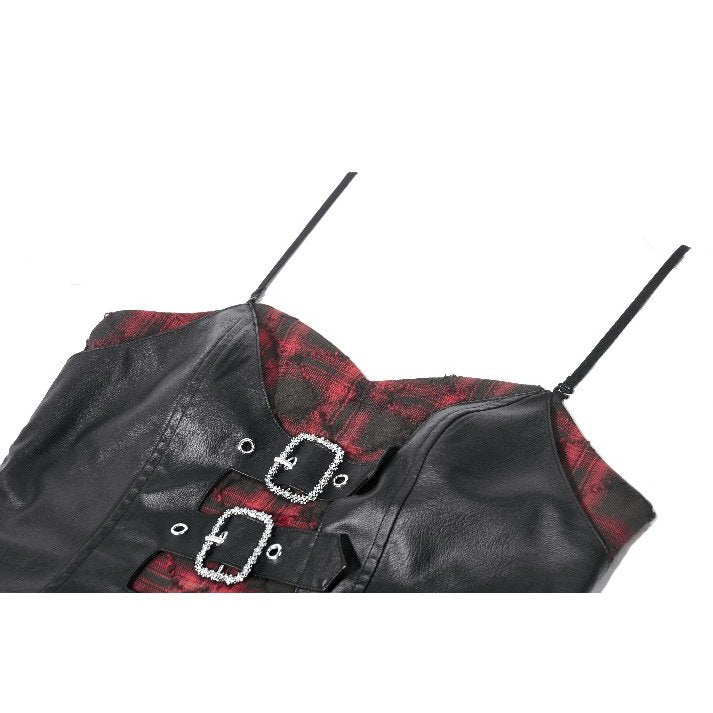 Dark in Love Punk Dress Red-Black Plaid Leather Layered Sweetcore - QHA UK